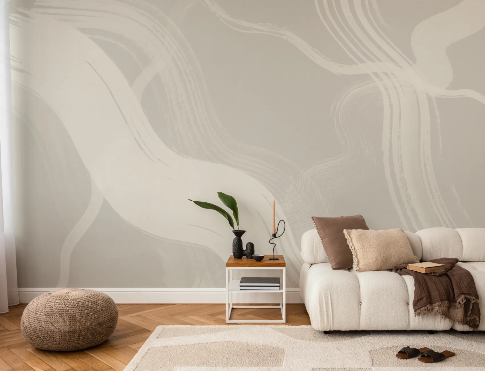 Carta da parati murale astratto beige con pennellate d'inchiostro