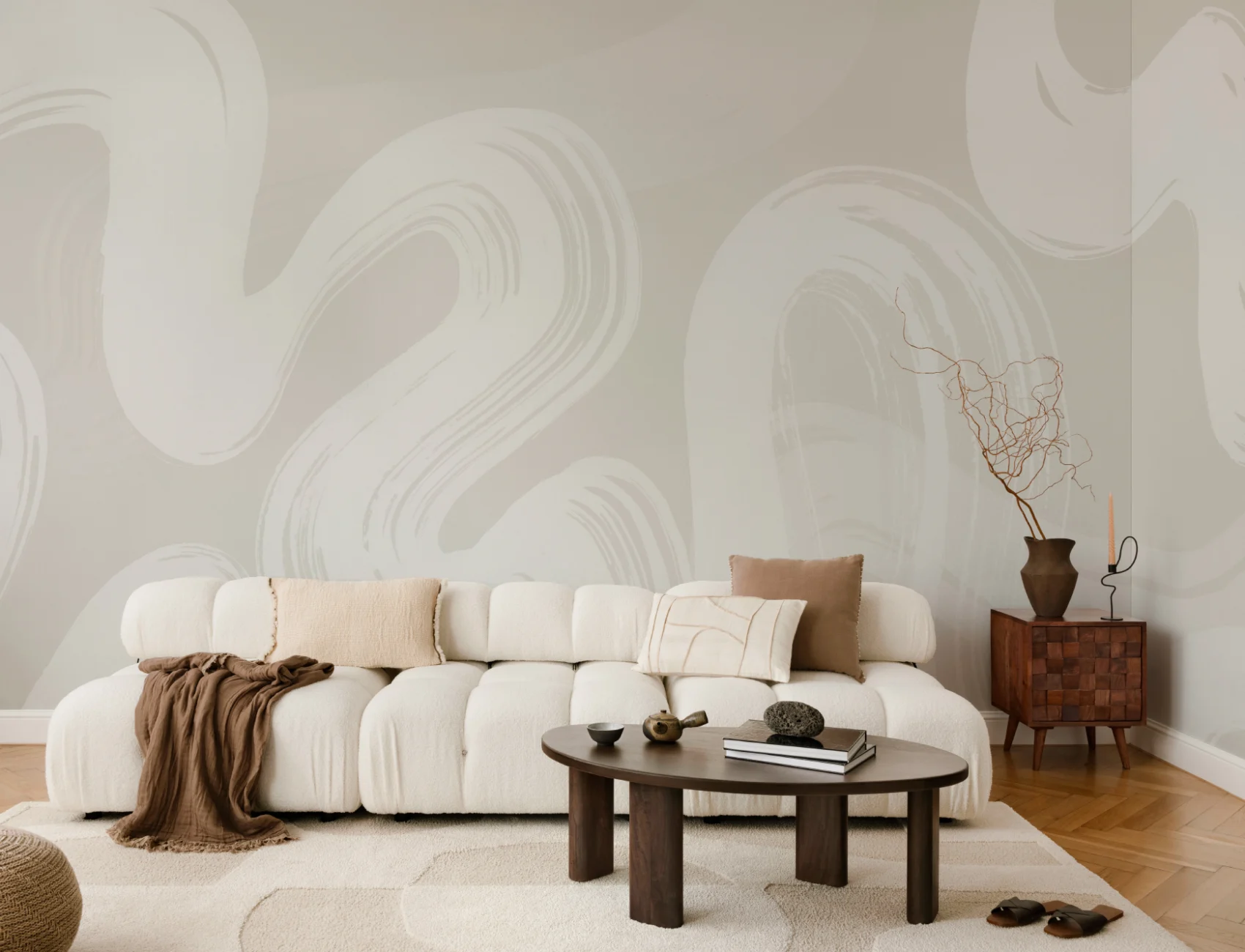 Papier Peint Panoramique abstraite beige à coups de pinceau et tourbillons
