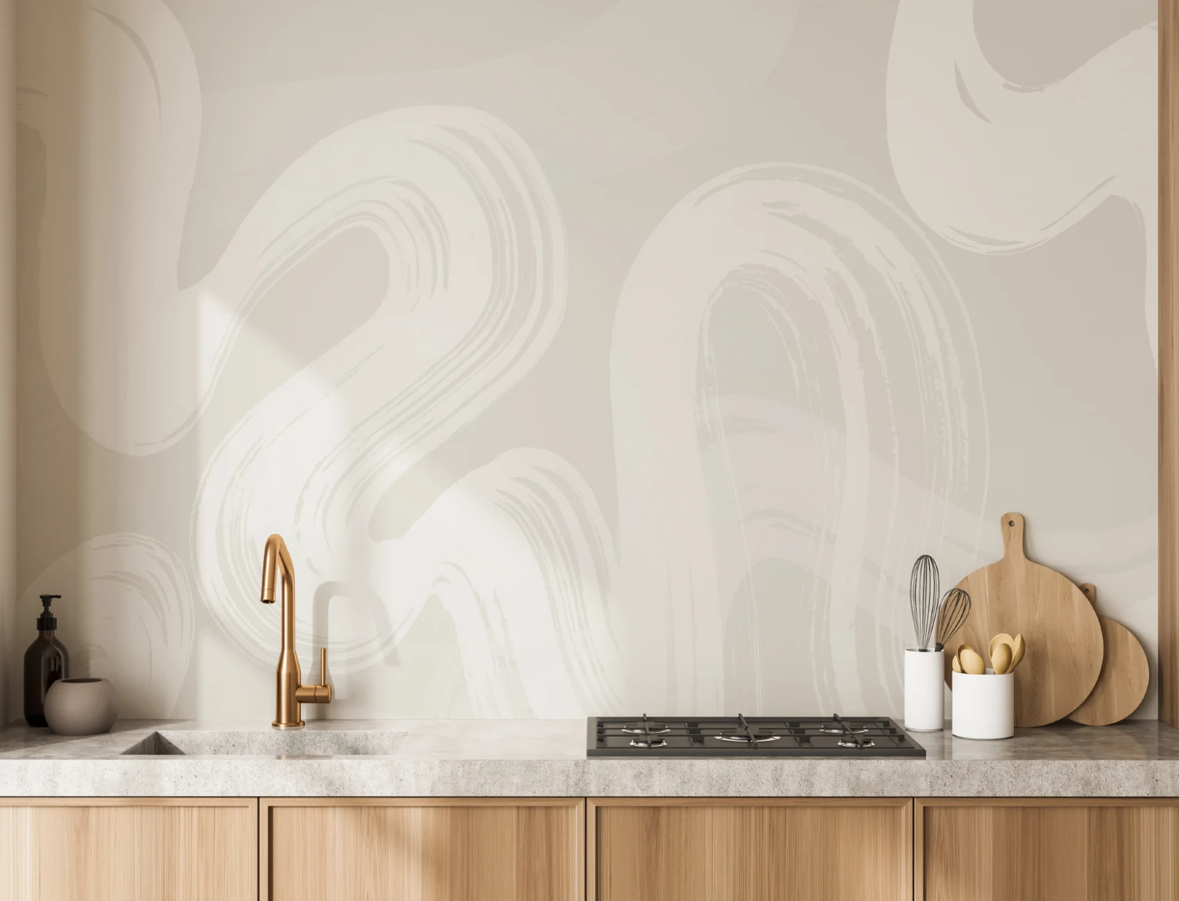 Papier Peint Panoramique abstraite beige à coups de pinceau et tourbillons