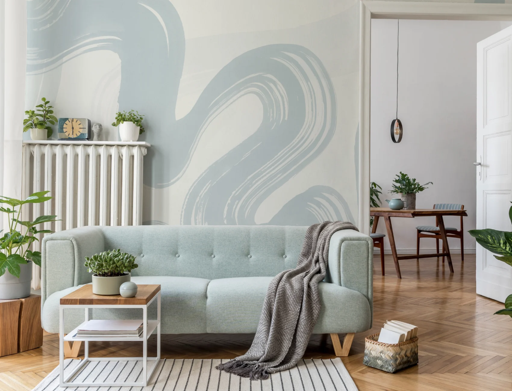 Blue Abstract Swirl Brush Strokes Mural