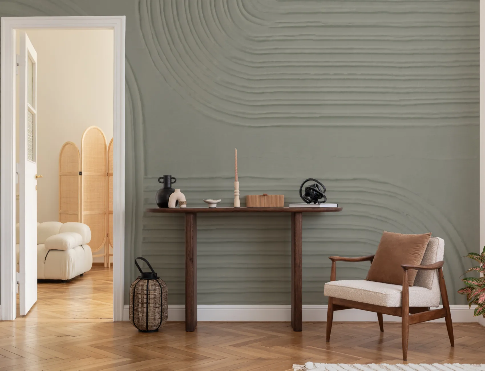 Green Sculpted Abstract Curved Lines Mural