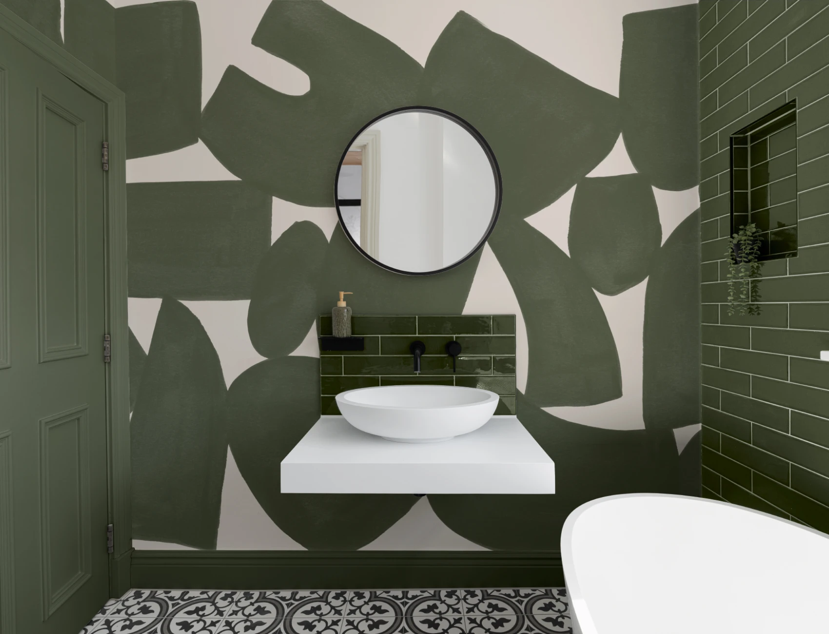 Green Abstract Hand Painted Shapes Mural