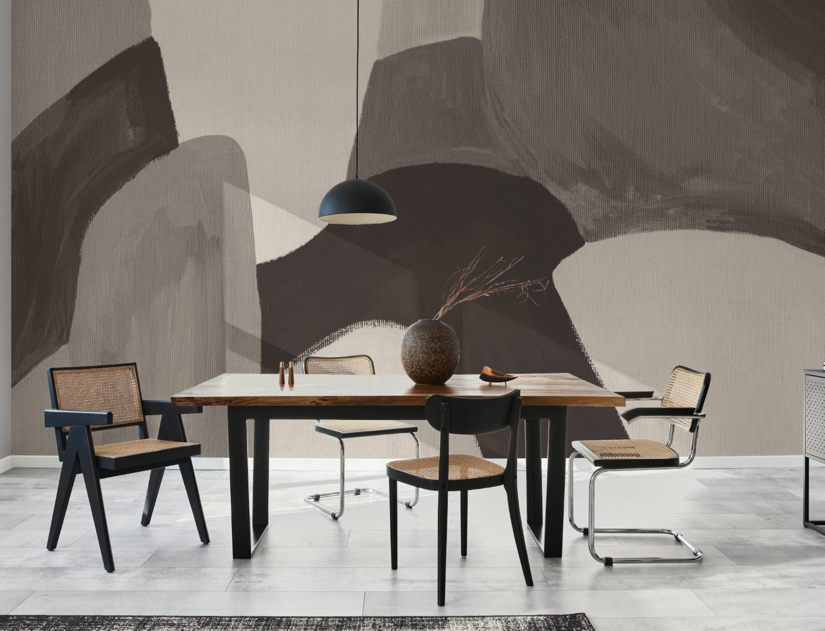 Painted Abstract Shapes Mural in Charcoal and Taupe