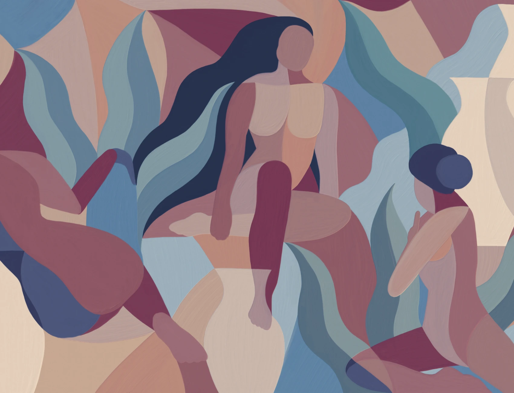 Mural de papel pintado a mano con formas femeninas en malva y azul