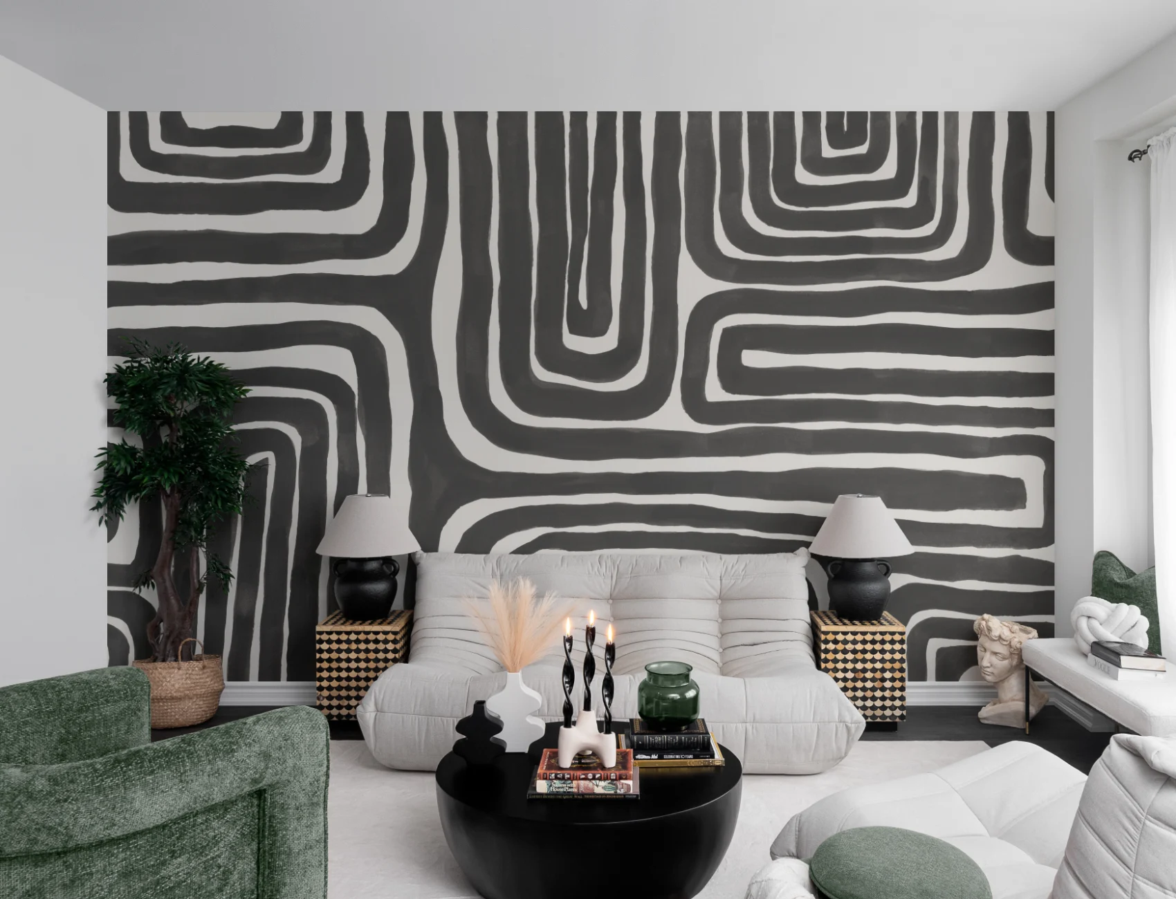 Hand Painted Maze Geometric Mural in Monochrome