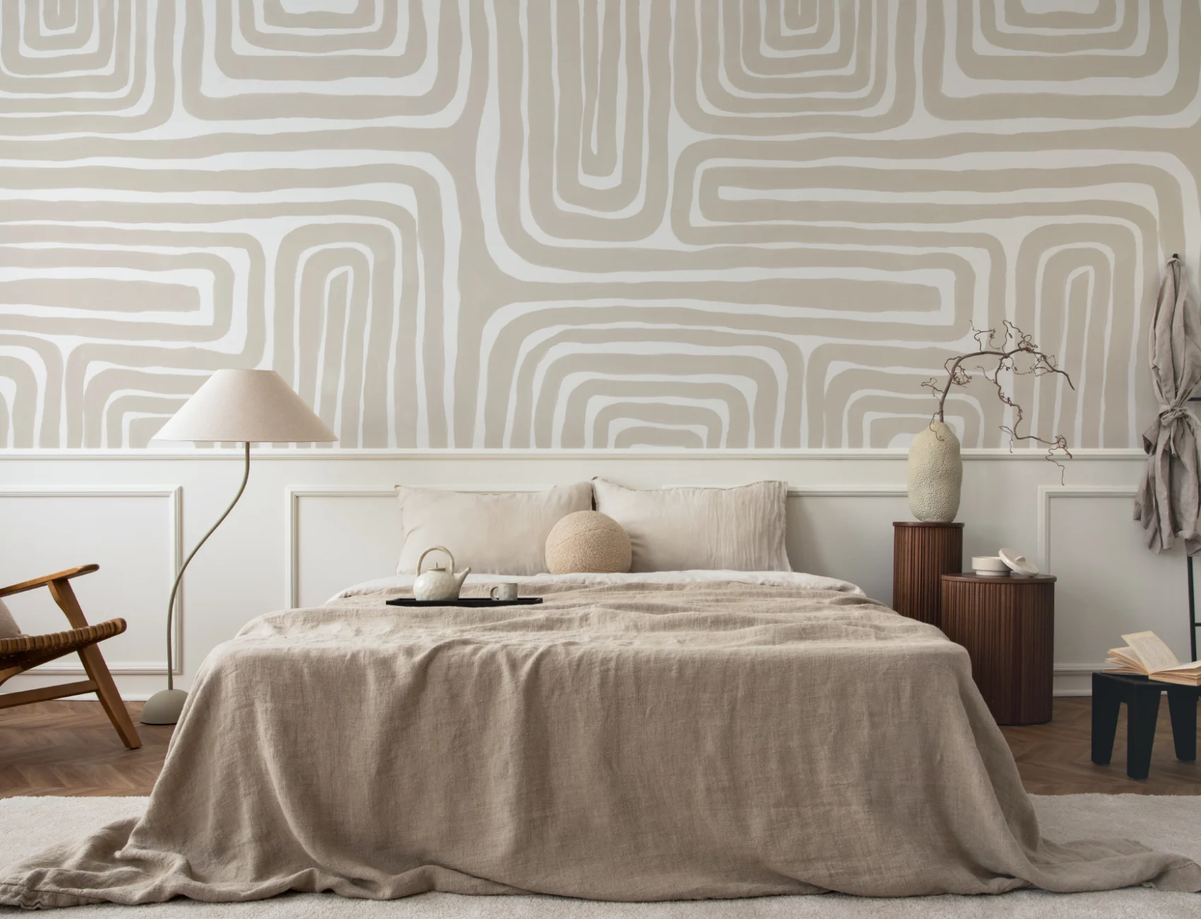 Hand Painted Maze Pattern Modern Geometric Mural in Beige