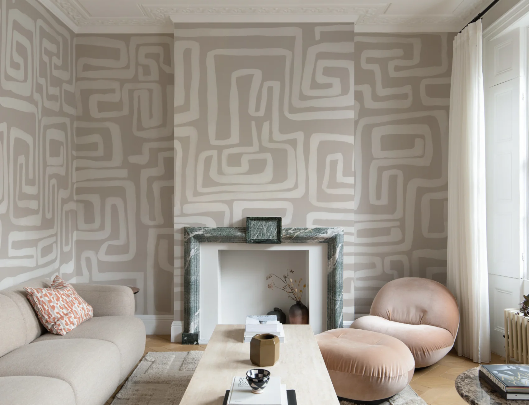 Hand-Painted Maze Pattern Mural in Beige