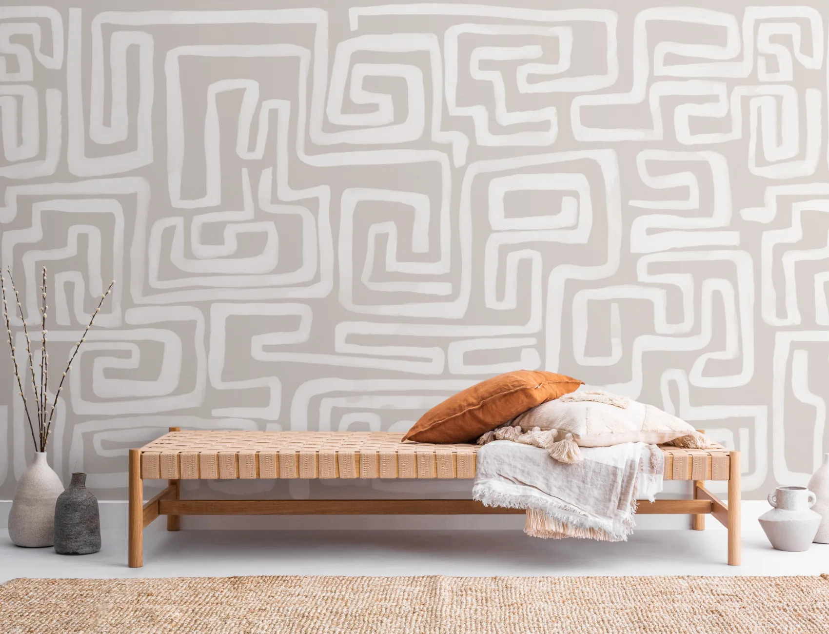 Hand-Painted Maze Pattern Mural in Beige