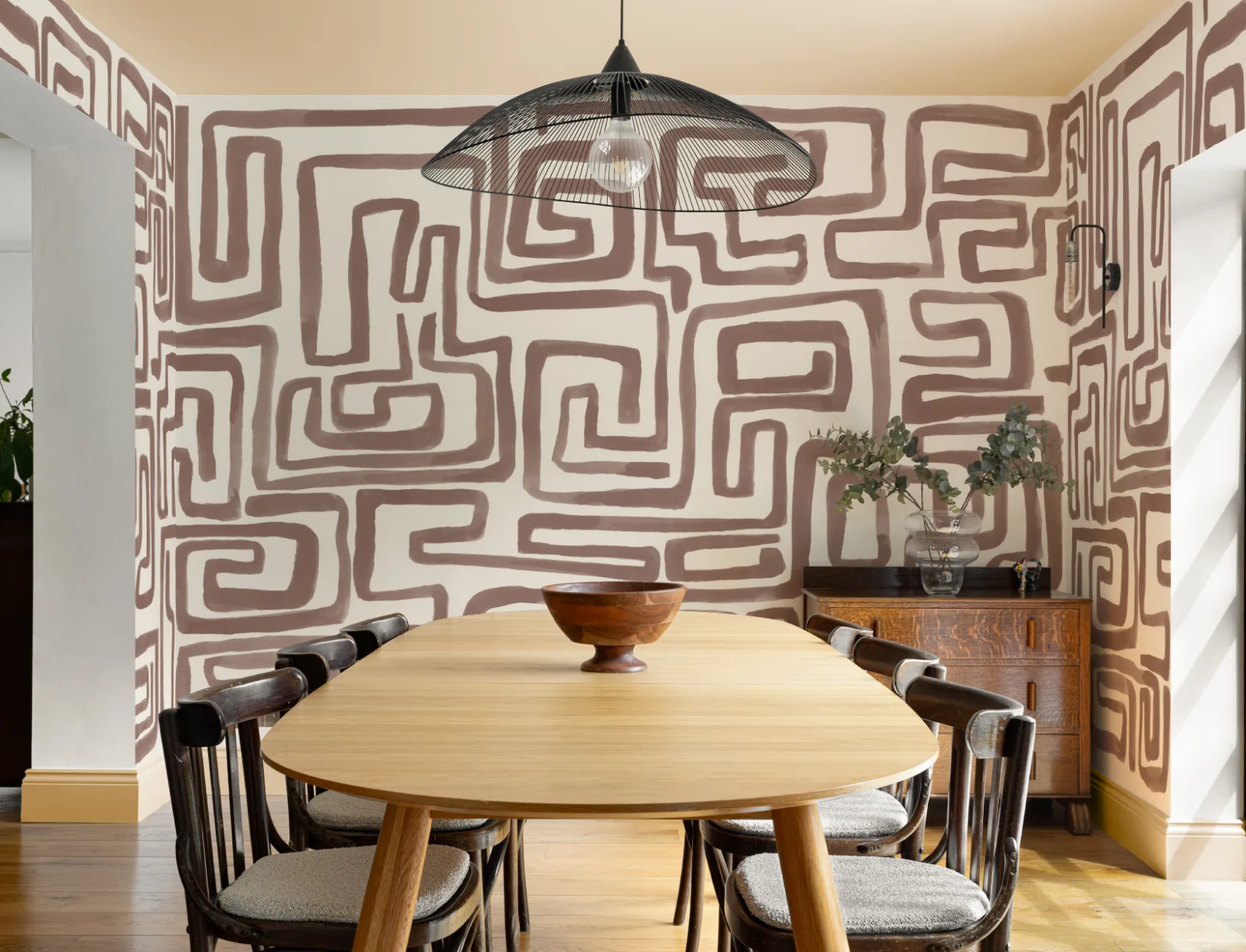 Hand-Painted Maze Pattern Mural in Brown