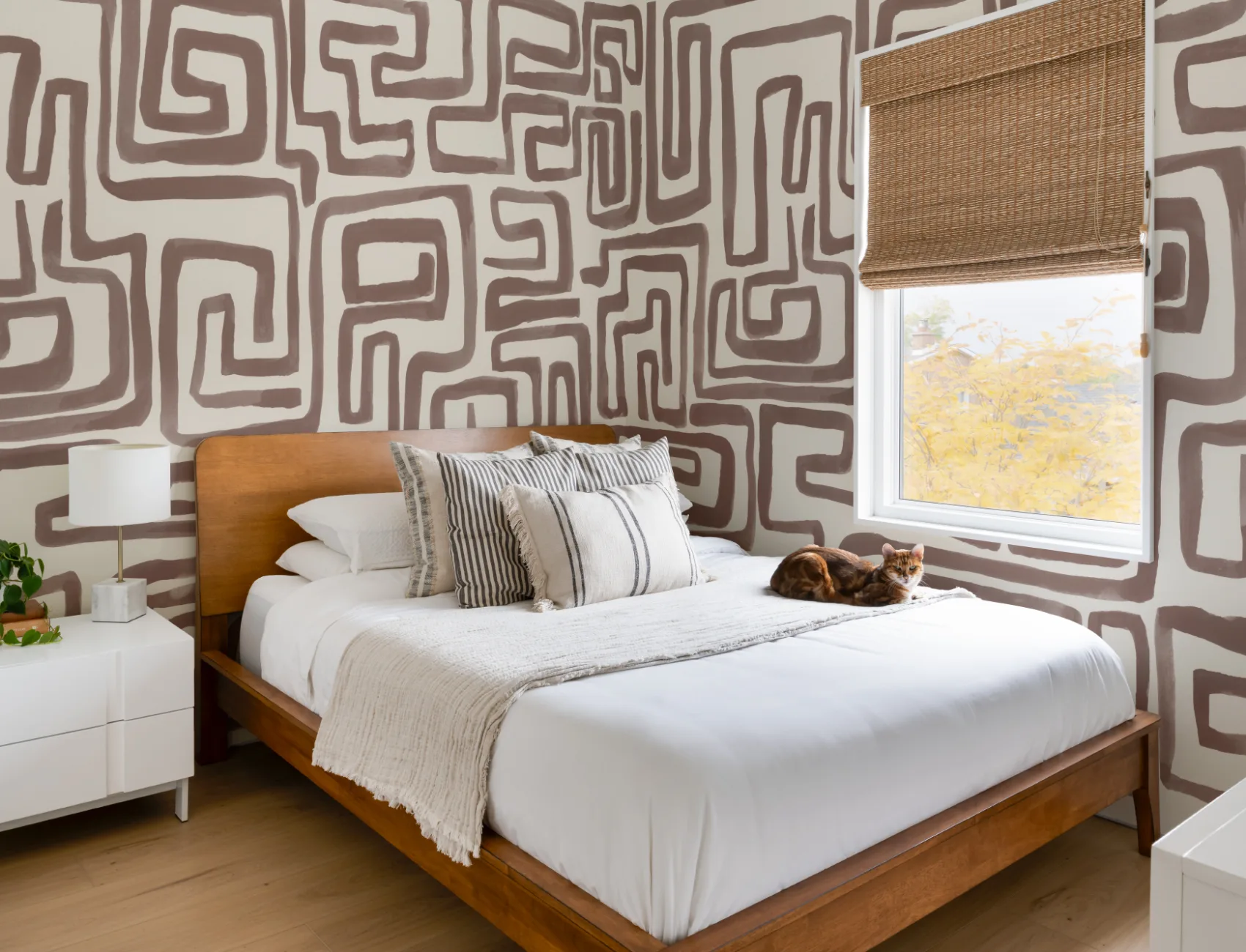 Hand-Painted Maze Pattern Mural in Brown