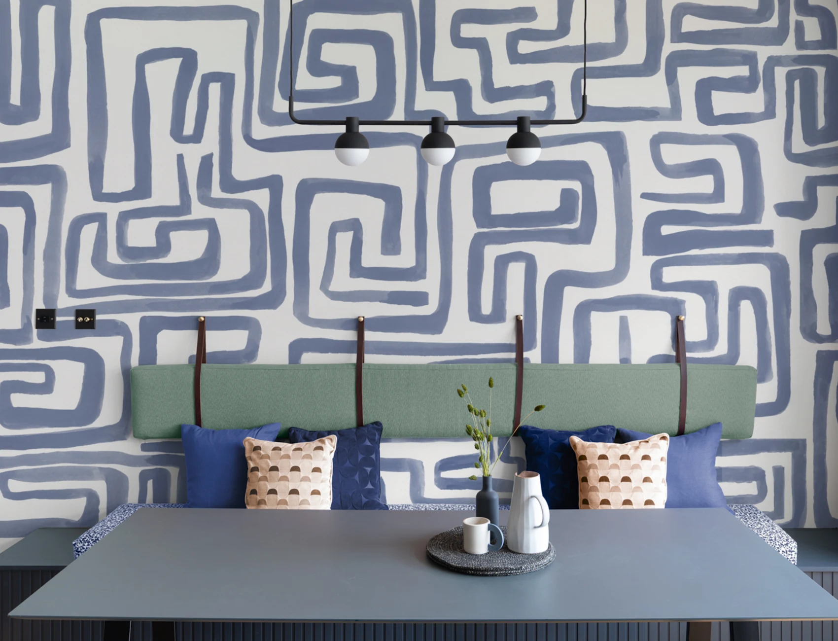 Hand-Painted Maze Pattern Mural in Blue