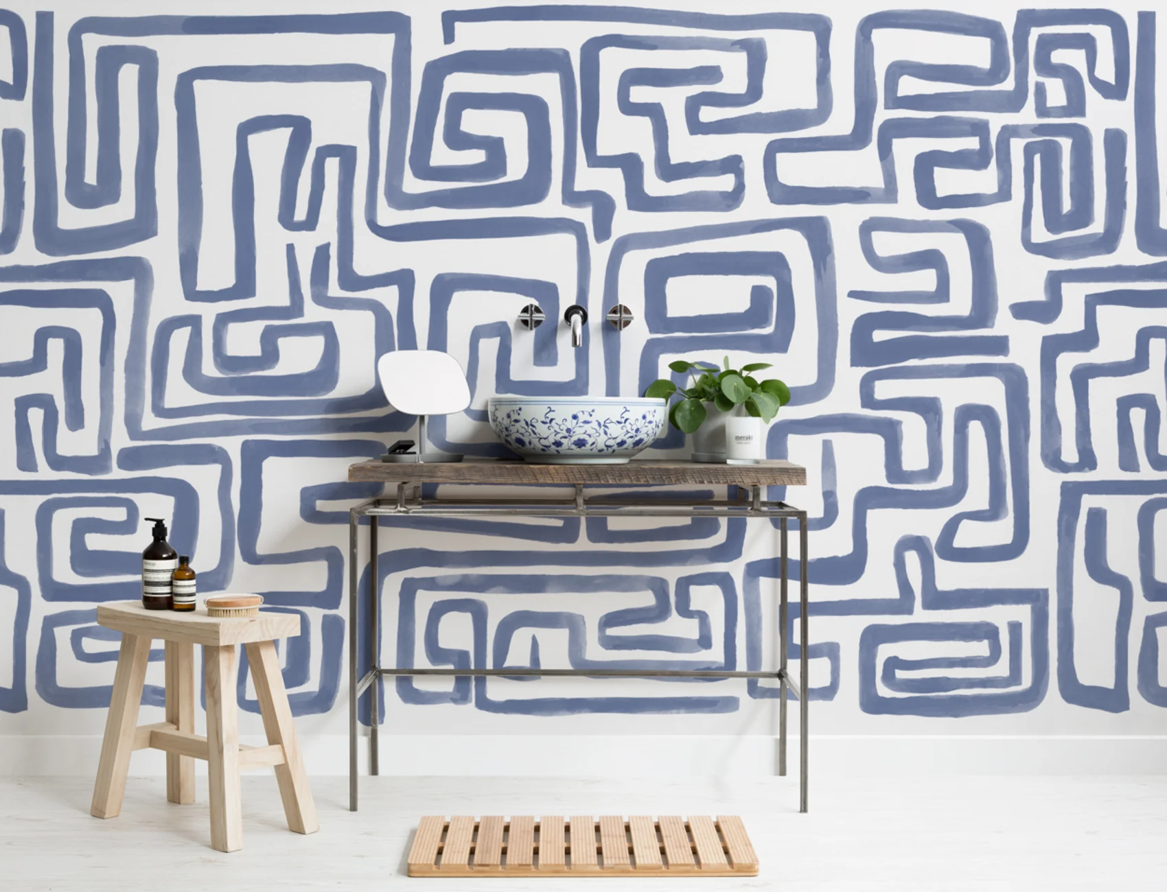 Hand-Painted Maze Pattern Mural in Blue