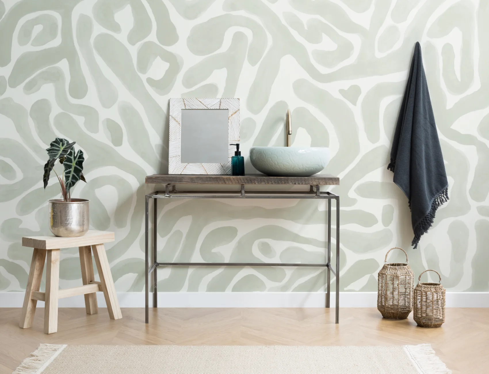 Hand-Painted Organic Flow Pattern Mural in Green