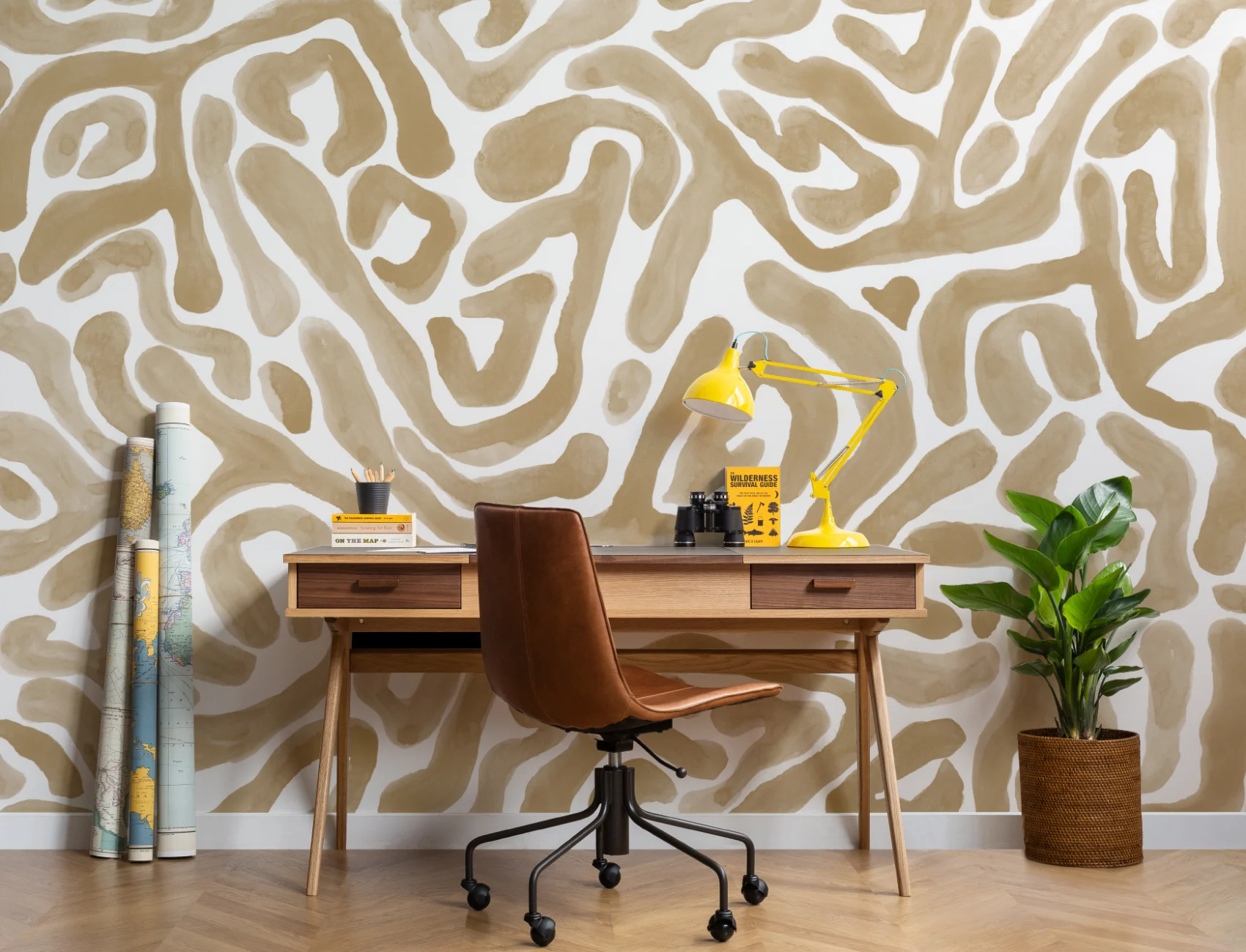 Hand-Painted Organic Flow Pattern Mural in Mustard