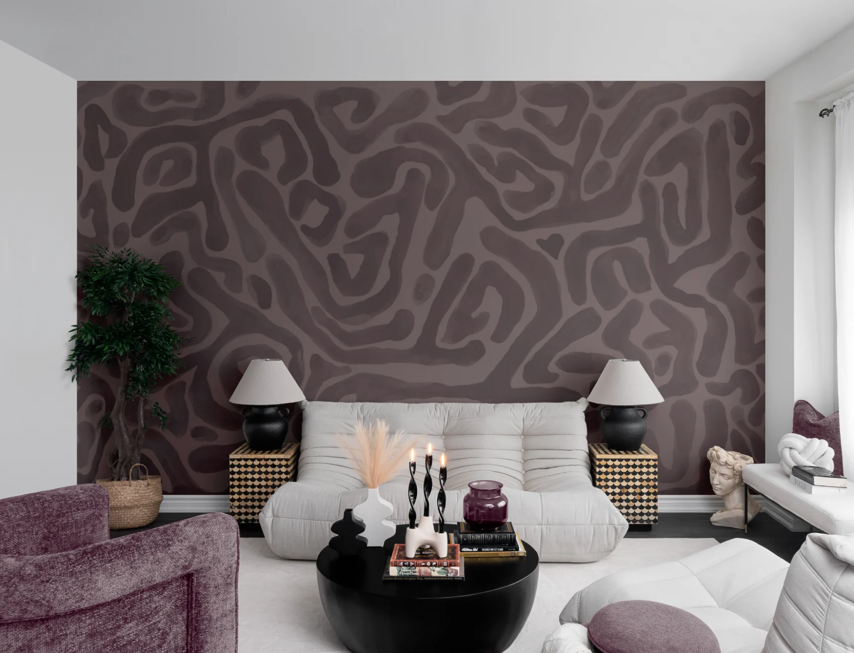 Hand-Painted Organic Flow Pattern Mural in Aubergine