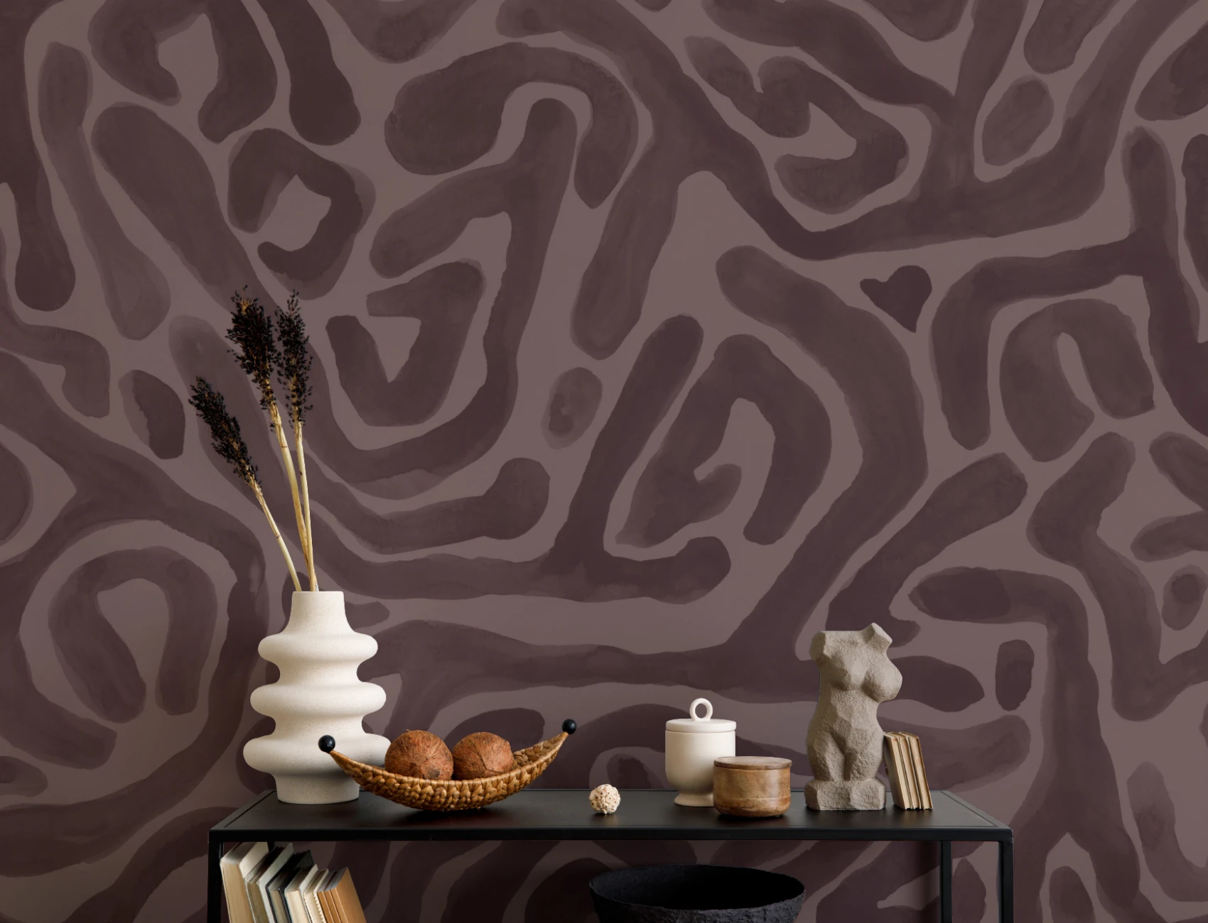 Hand-Painted Organic Flow Pattern Mural in Aubergine