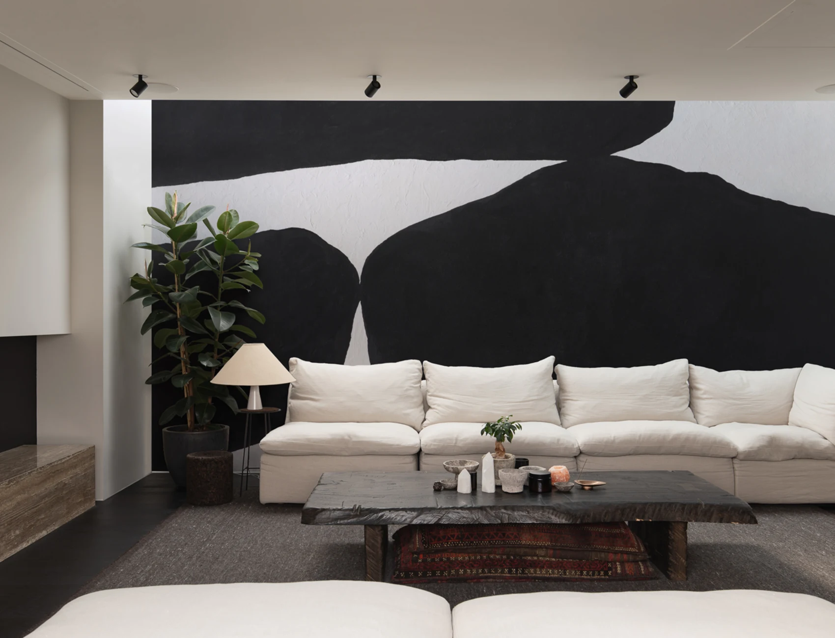 Bold Minimal Abstract Shapes Wall Mural in Black with Textured Plaster Effect