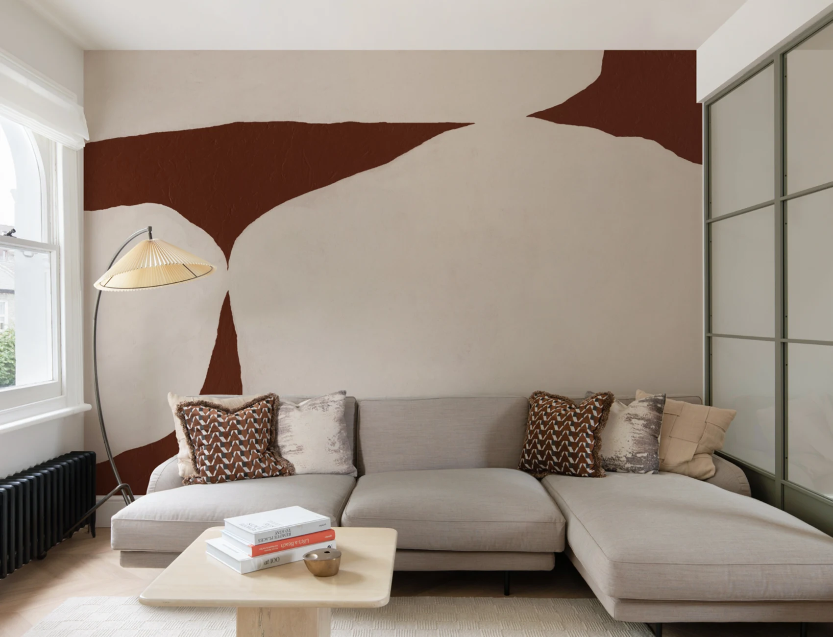Bold Minimal Abstract Shapes Wall Mural in Terracotta with Textured Plaster Effect