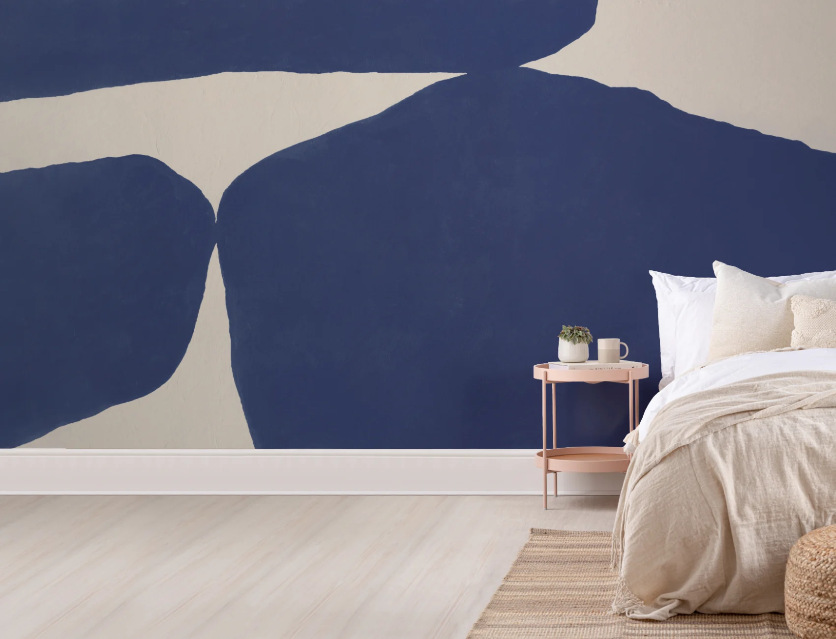 Gedurfde Minimal Abstracte Vormen Muurschildering in Blauw met Gipsstructuur Effect