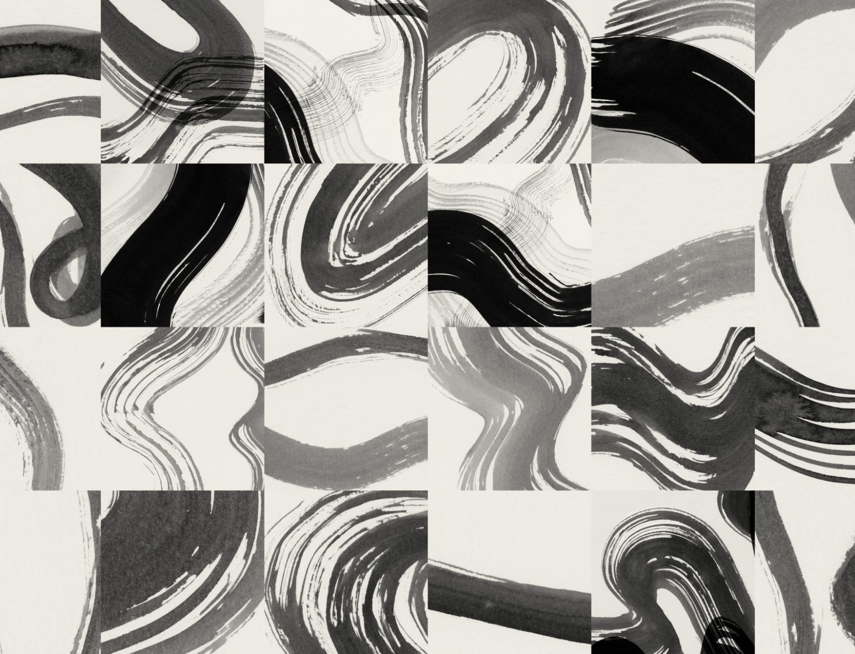 Mural de azulejos pretos com formas abstractas a tinta