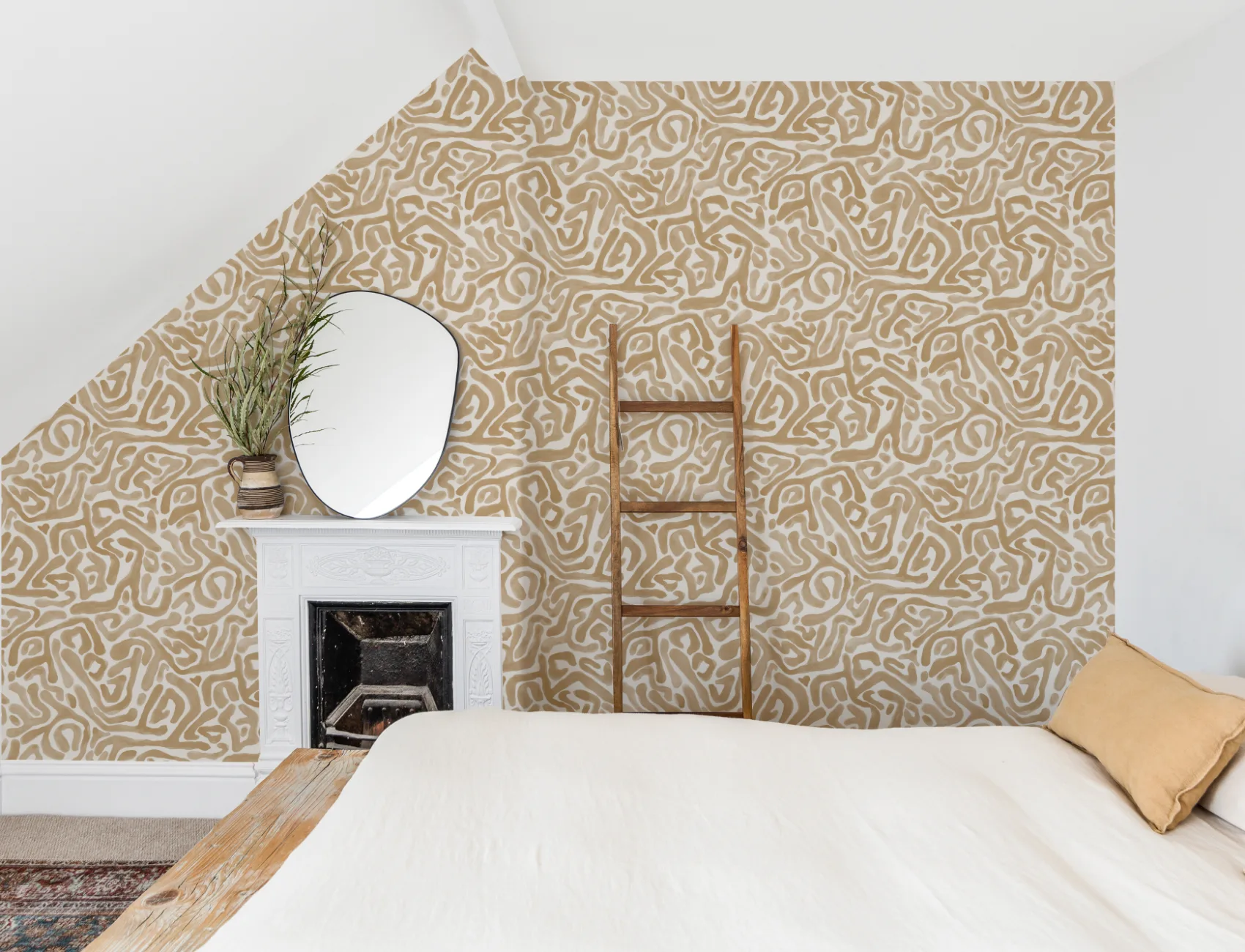 Hand-Painted Organic Maze Pattern Wallpaper in Mustard