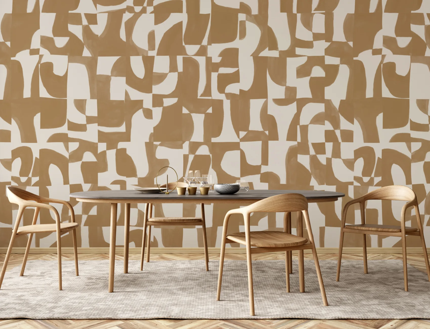 Moderne Mosterd Abstracte Muurschildering met Handgesneden Vormen en Textuureffect