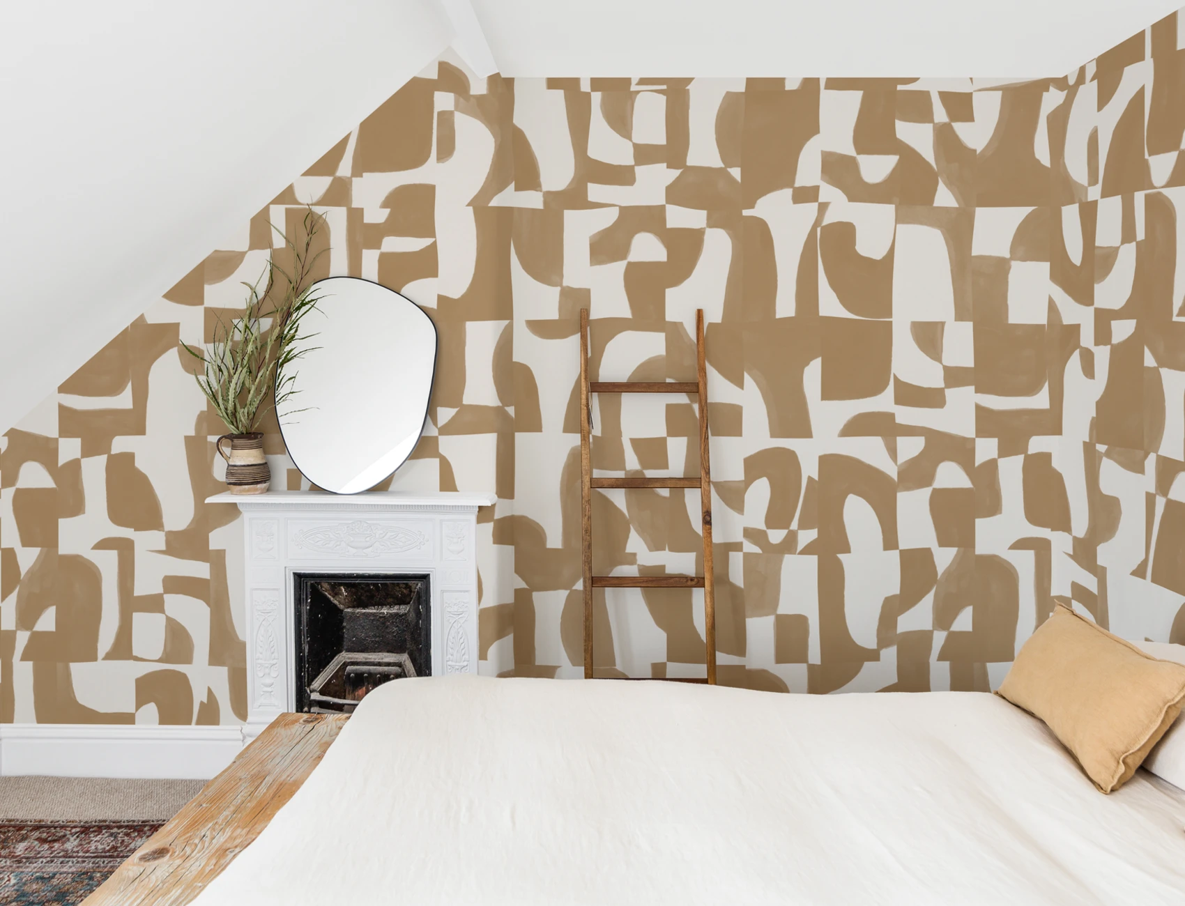 Moderne Mosterd Abstracte Muurschildering met Handgesneden Vormen en Textuureffect