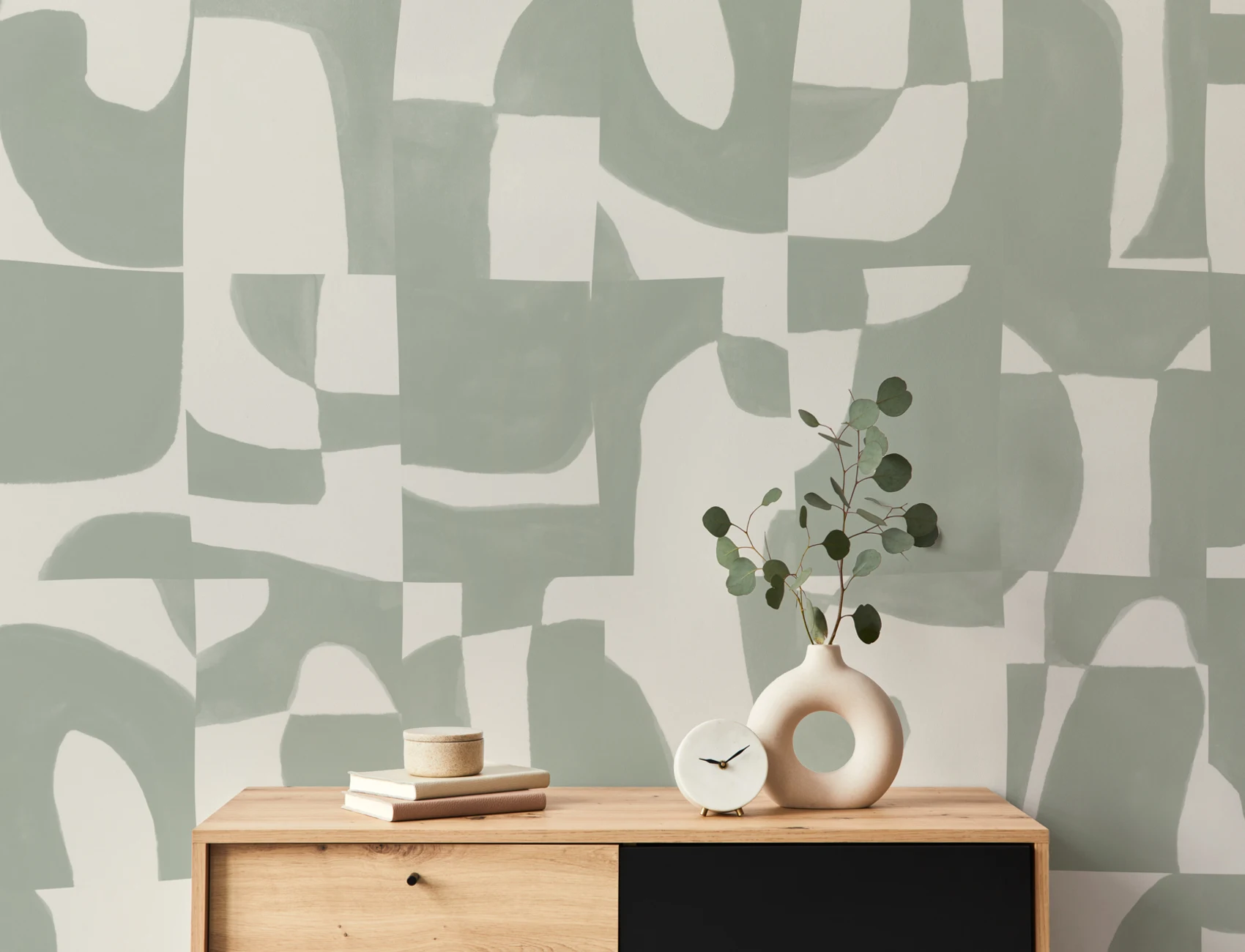 Mural de parede abstrato Sage moderno com formas cortadas à mão e efeito texturado