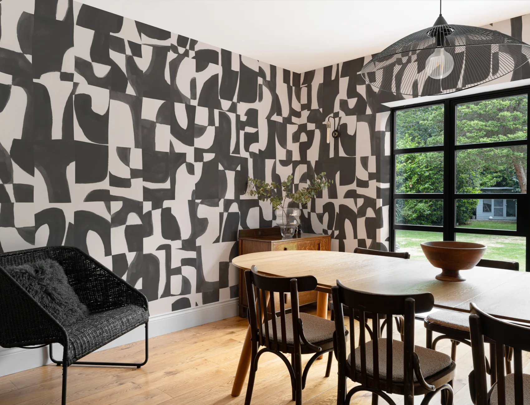 Modern Black Abstract Wall Mural with Hand-Cut Shapes and Textured Effect
