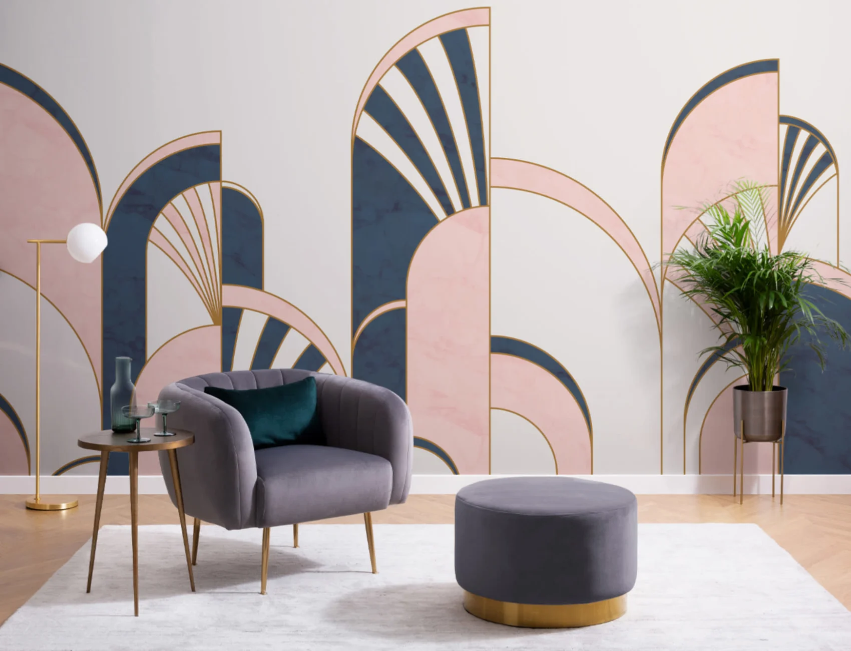 Blue & Pink Art Deco Print Arches Wallpaper Mural