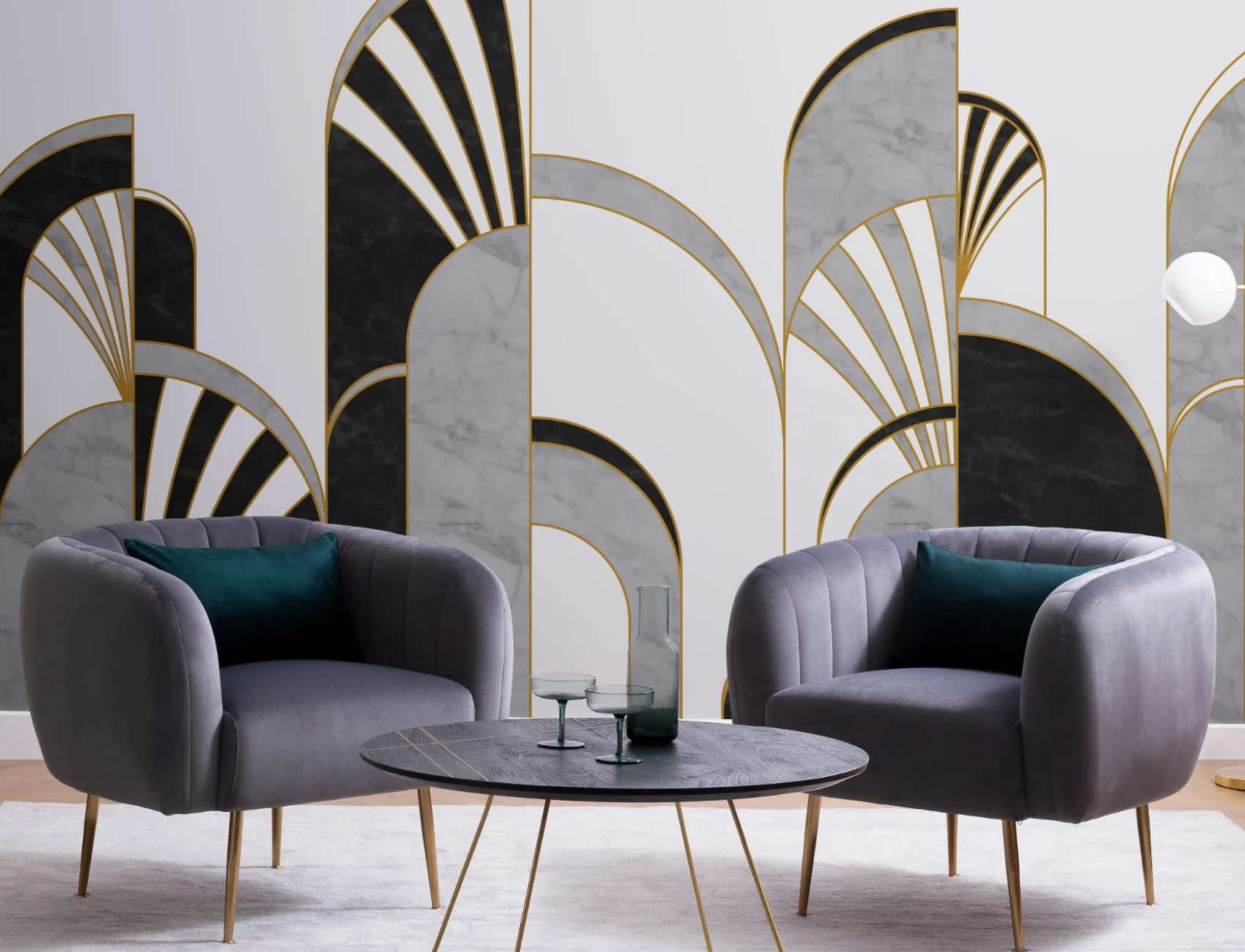 Svart, hvitt og gull Art Deco-fototapet