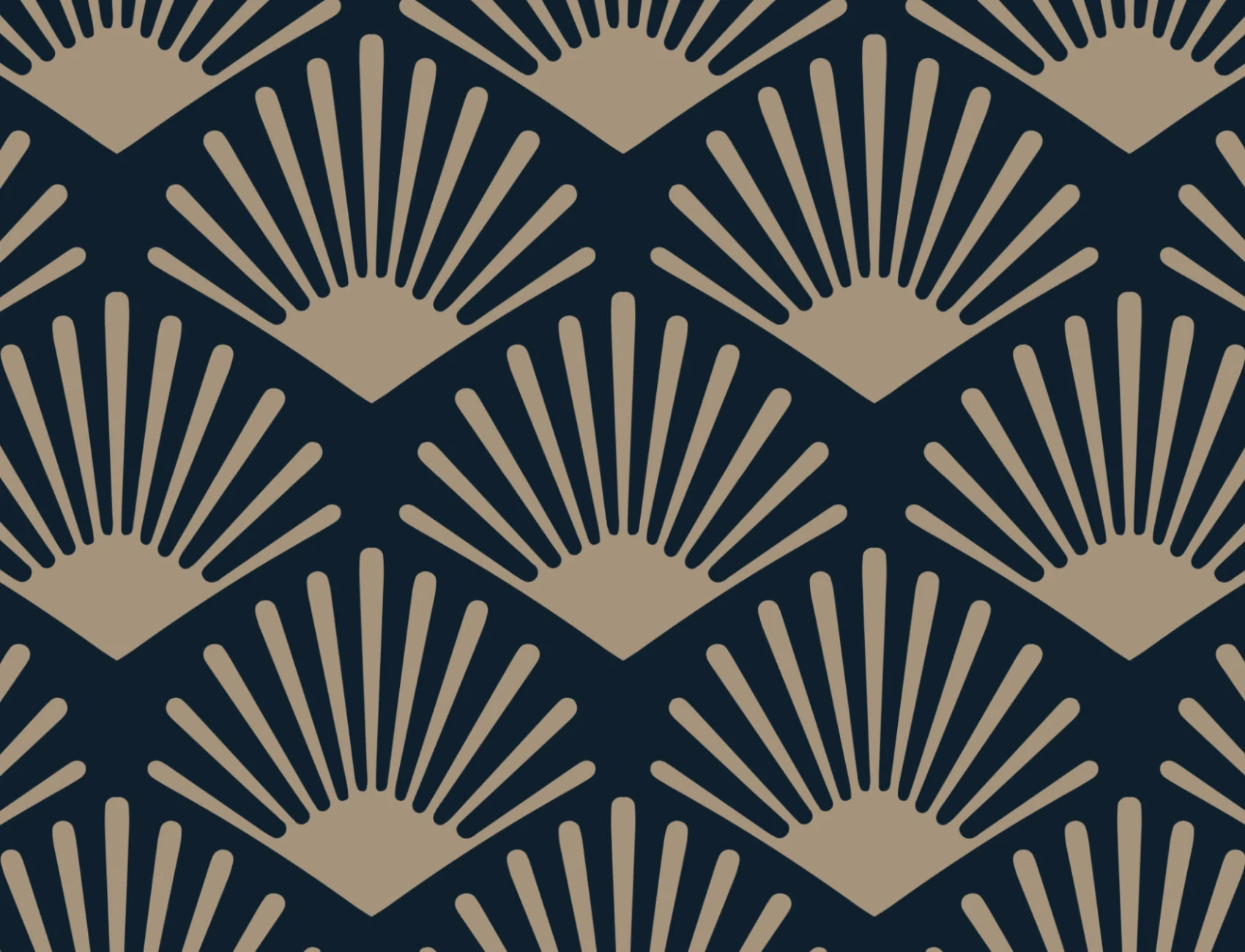 Mustertapete Rapport Fächer Art Deco Goldfarben und Marineblau