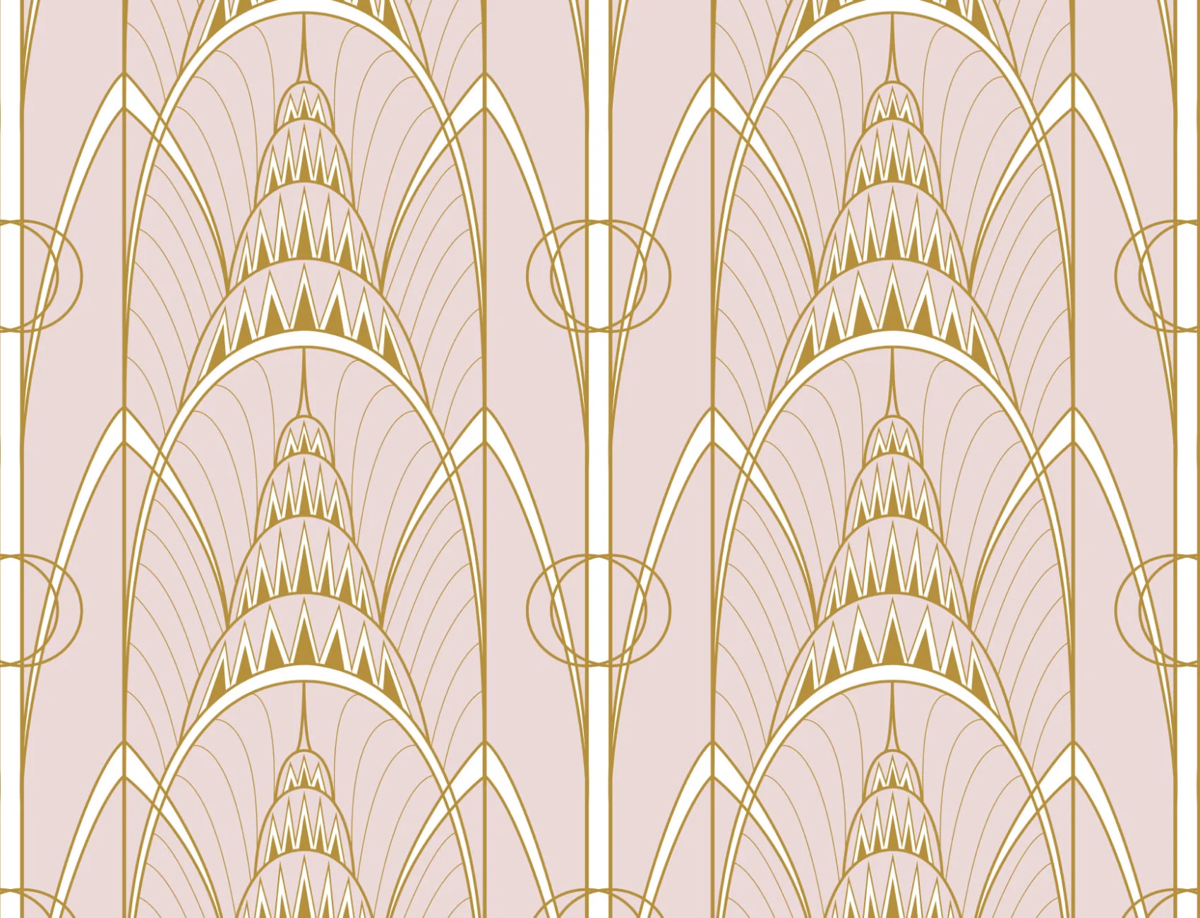 Carta da Parati Rosa in Stile Art Déco con Motivo Guglia del Chrysler Building