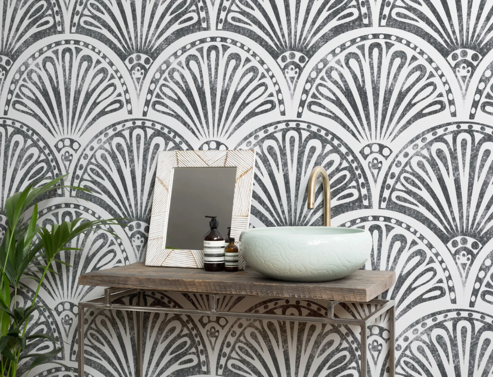 Mural de Papel de Parede com Padrão de Leque Art Deco Preto