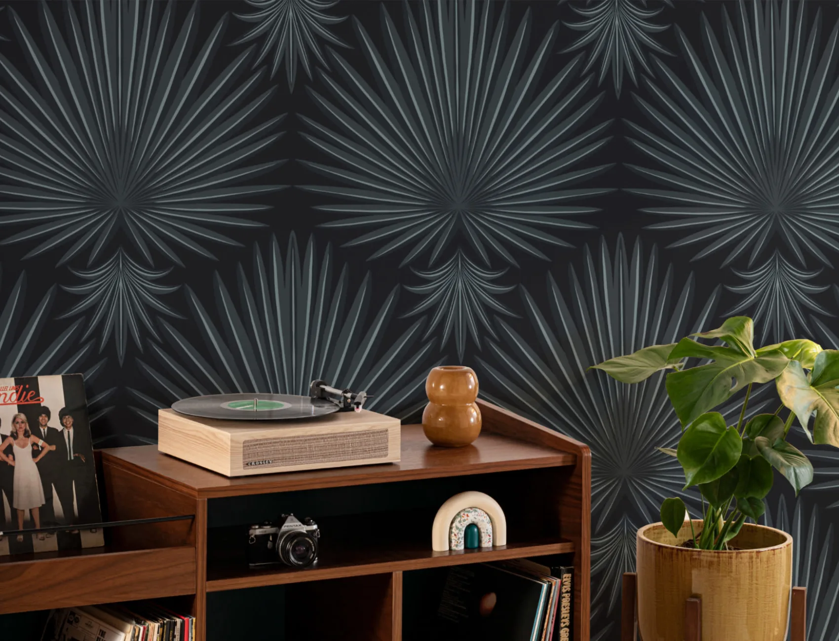 Black Art Deco Tropical Leaf Repeat Print Wallpaper Mural