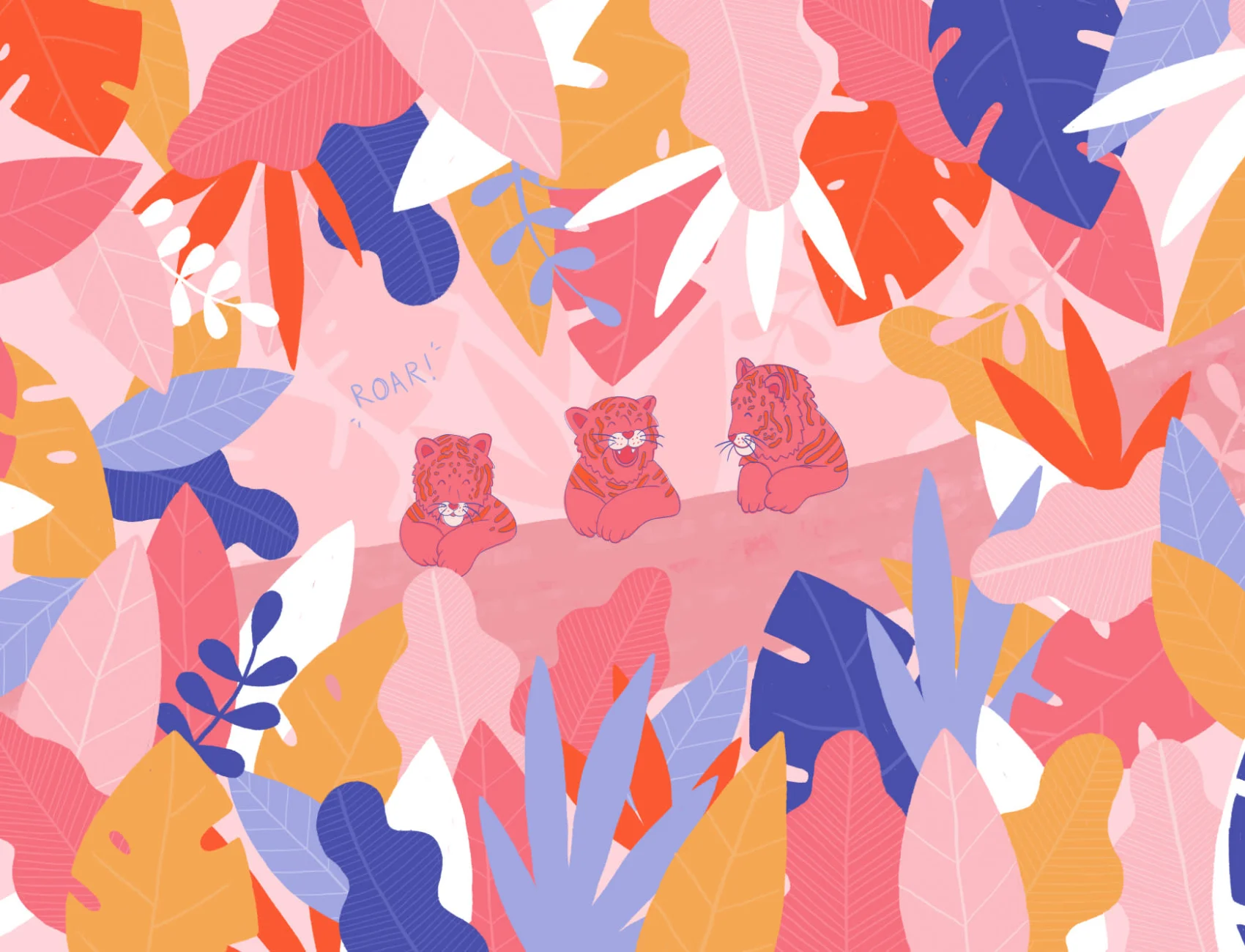 Colorful Tiger Cub Jungle Leaf Wallpaper Mural