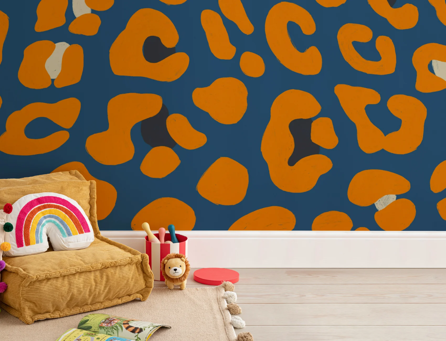 Fototapete Orange-Blauer Leopardendruck