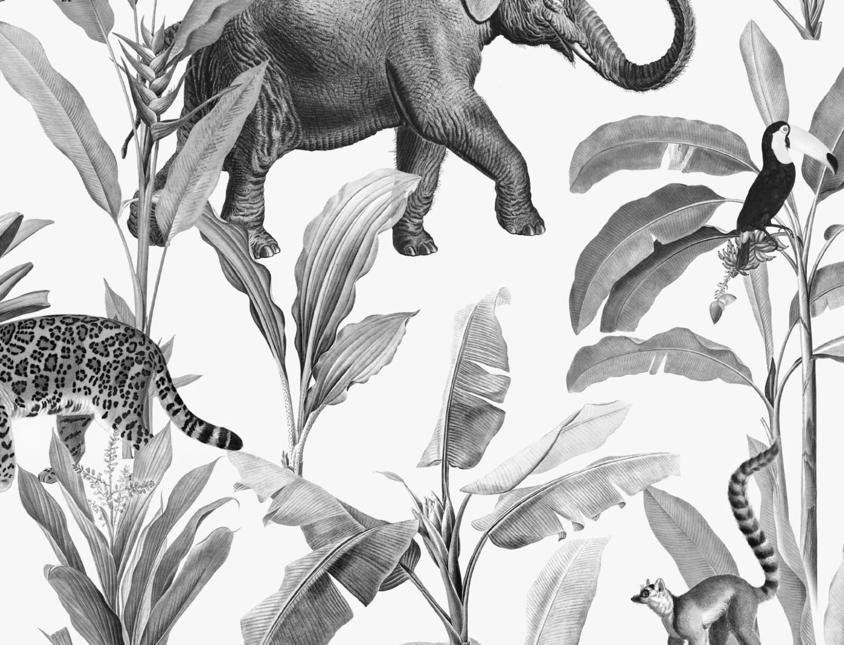 Black and Gray Illustrated Jungle Animal Repeat Pattern Wallpaper