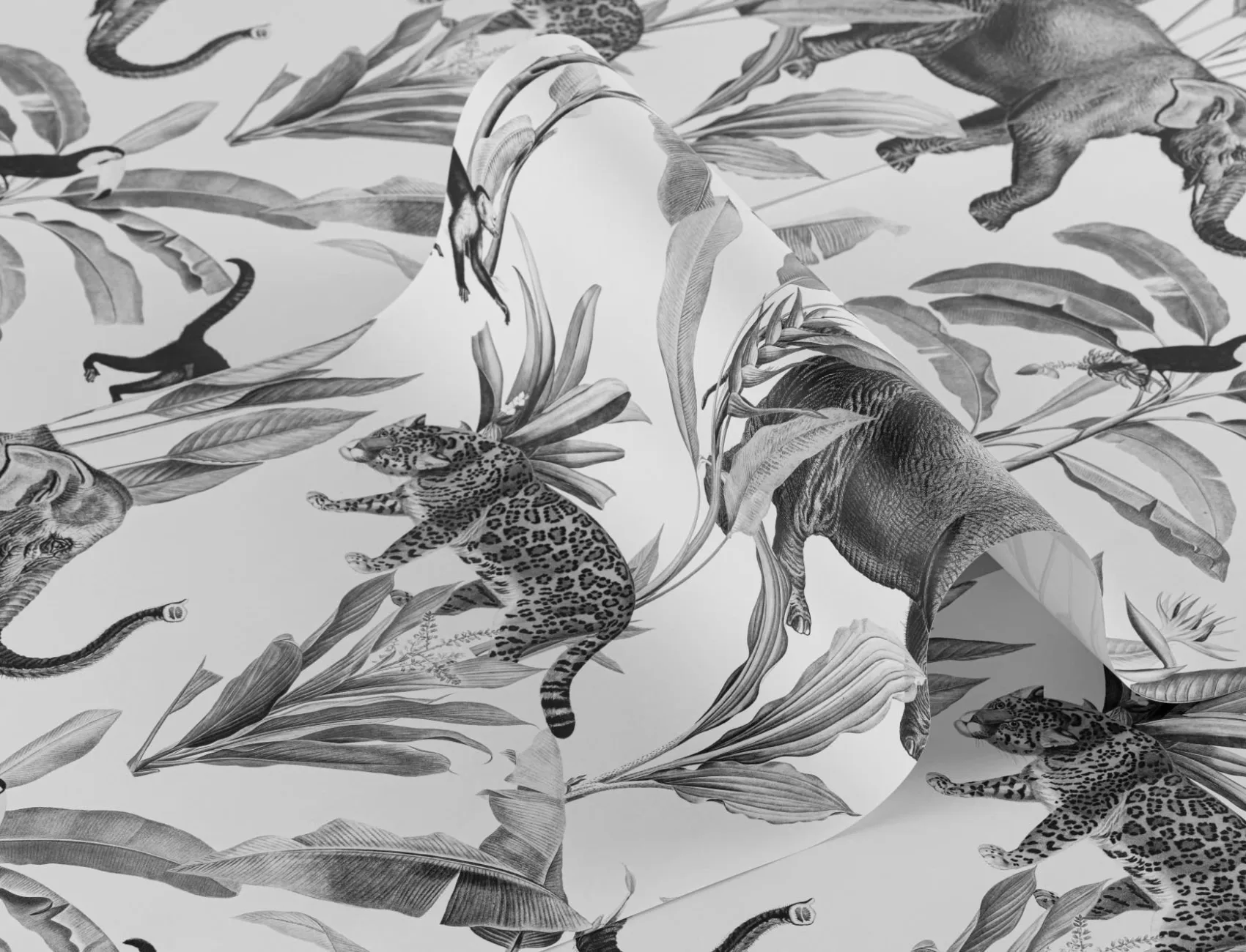 Black and Gray Illustrated Jungle Animal Repeat Pattern Wallpaper