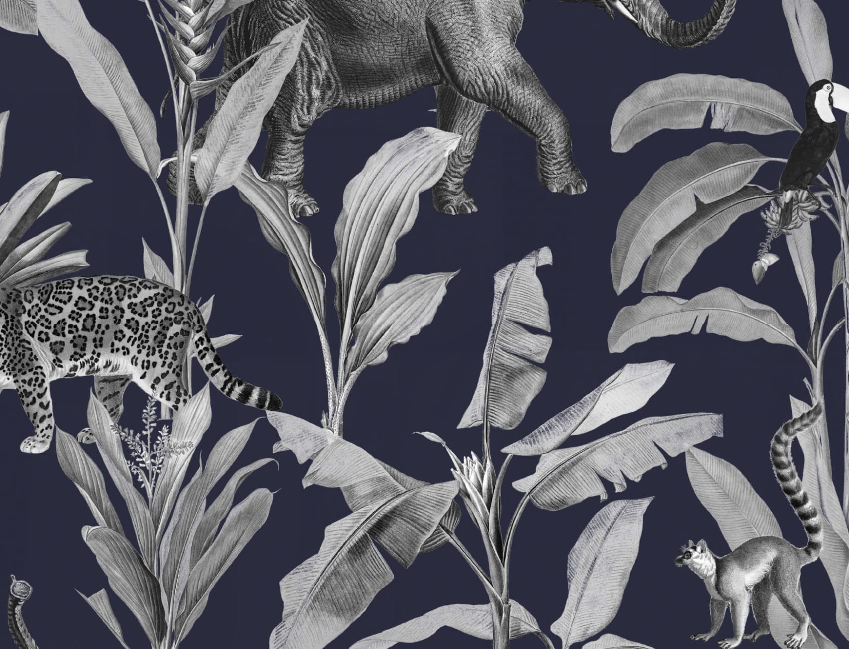 Navy and Gray Illustrated Jungle Animal Repeat Pattern Wallpaper