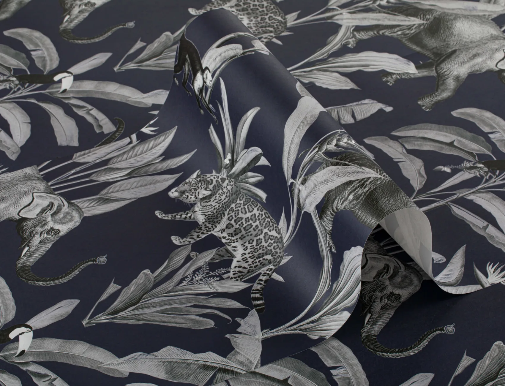 Navy and Gray Illustrated Jungle Animal Repeat Pattern Wallpaper