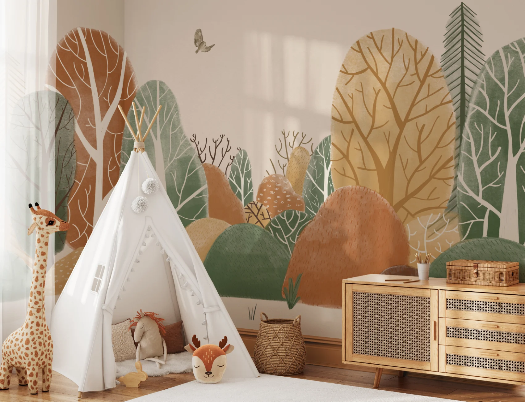 Kids Painted Autumnal Forest Landscape Wallpaper Mural