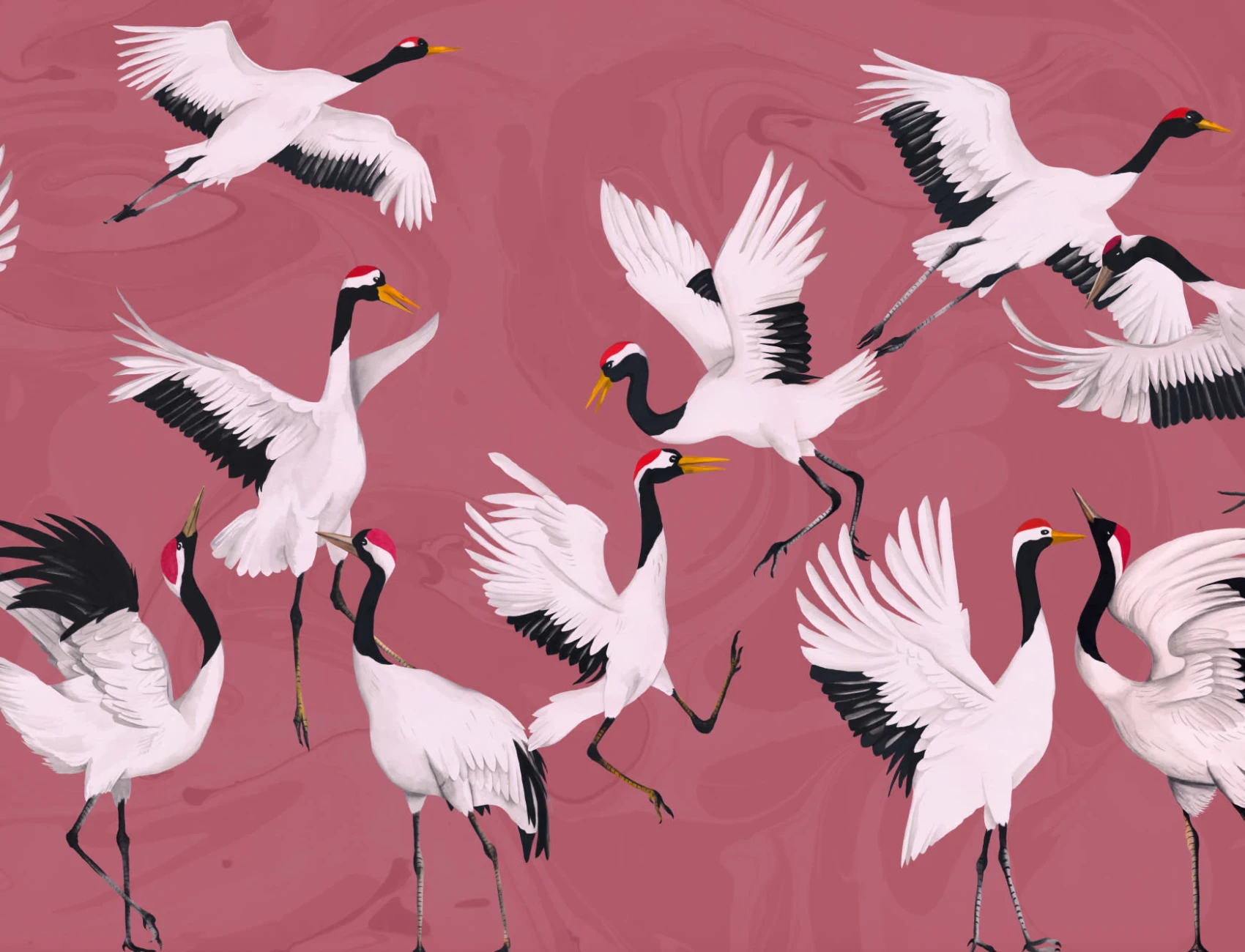 Flying Japanese Cranes Pink Painted Wallpaper Mural