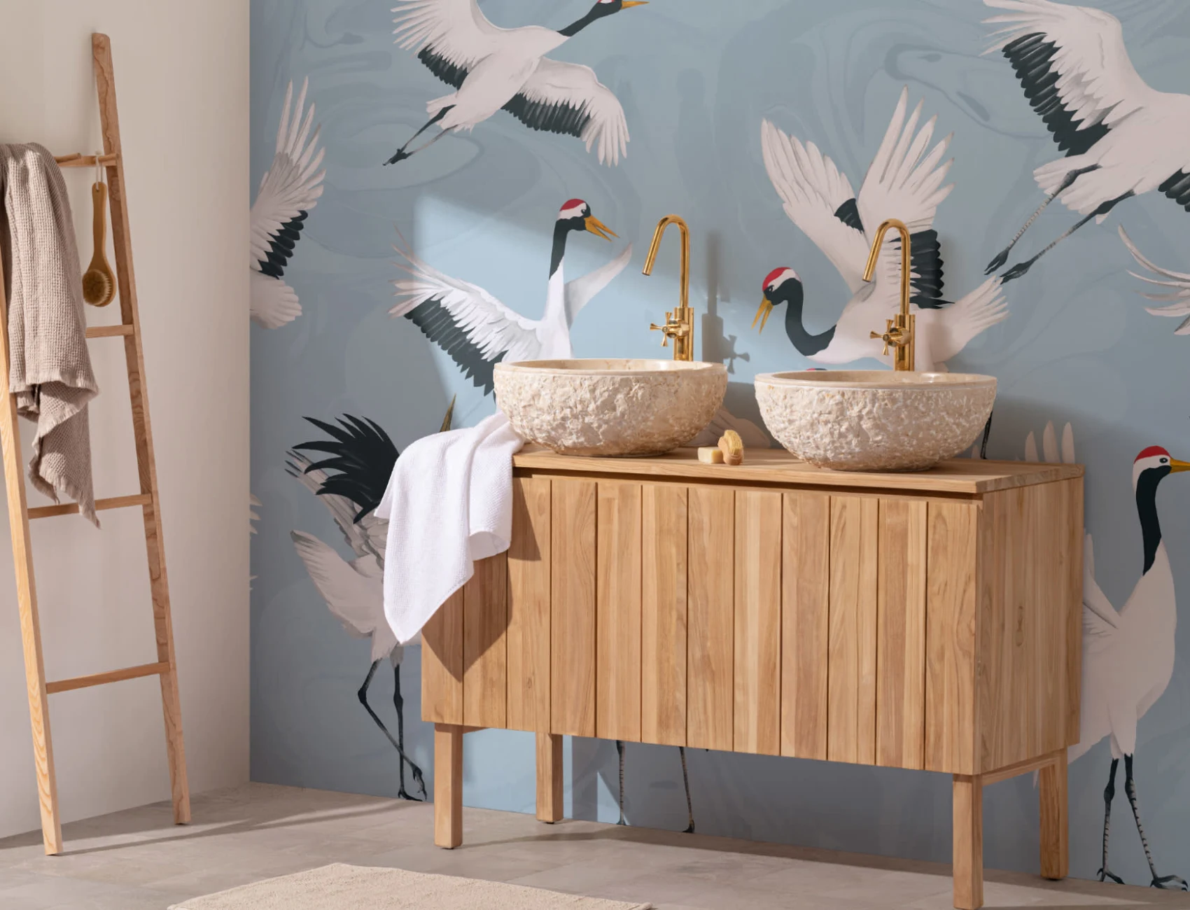 Flying japoneză Cranes albastru pictat Wallpaper Mural