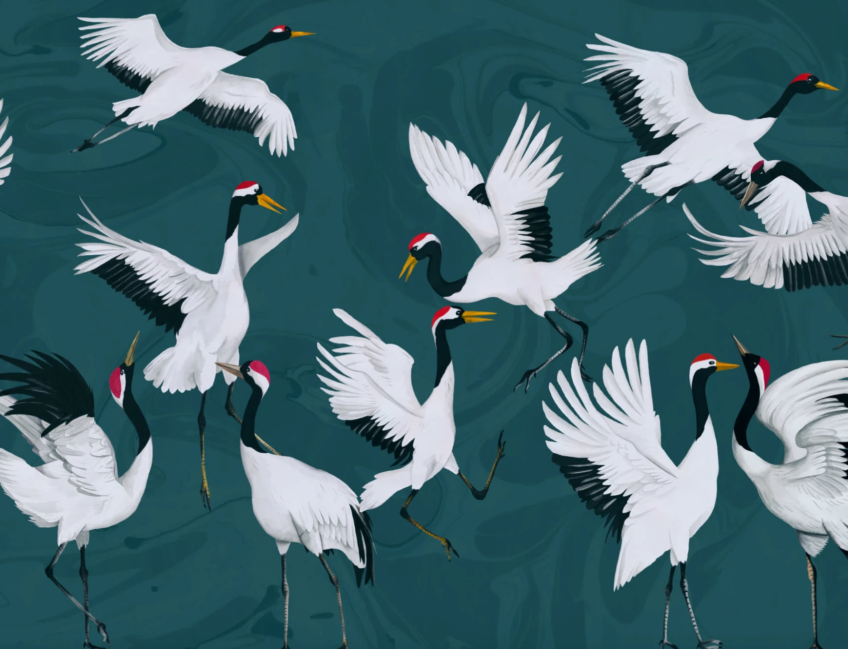 Flying Japanese Cranes Teal Painted Wallpaper Mural