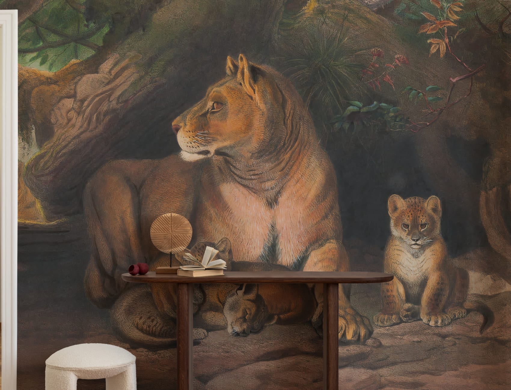 Mural de parede Panthera pintado à mão com leões e filhotes por Joseph Wolf