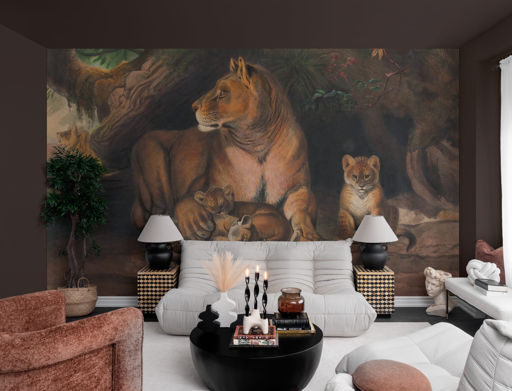 Mural de parede Panthera pintado à mão com leões e filhotes por Joseph Wolf