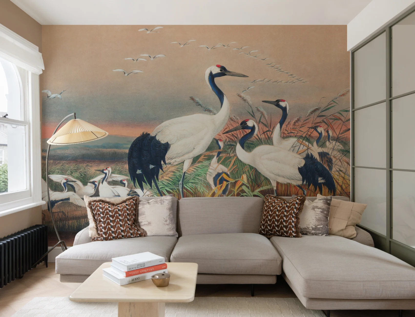 Carta da parati Cranes in Wetlands dipinta a mano da Joseph Wolf