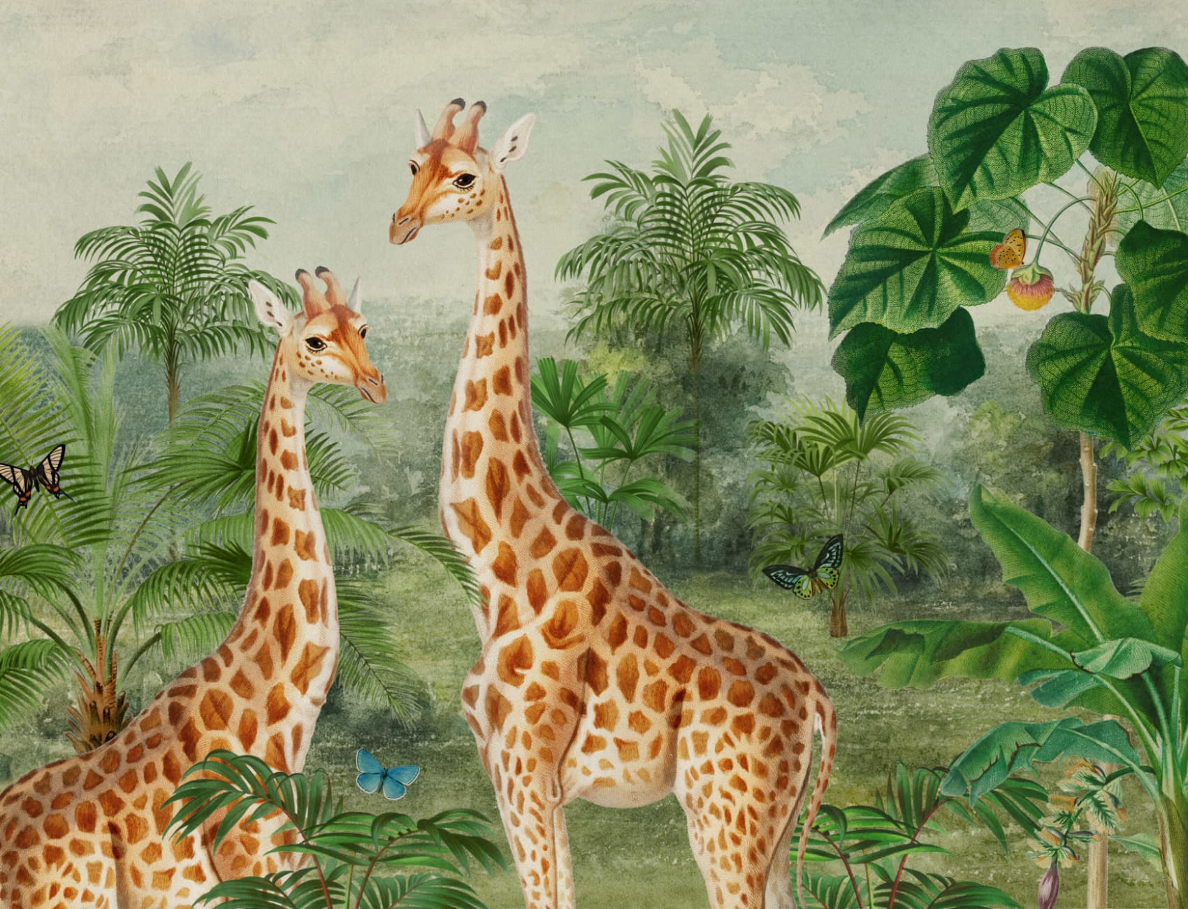 Illustrazione di giraffa tropicale d'epoca Murale