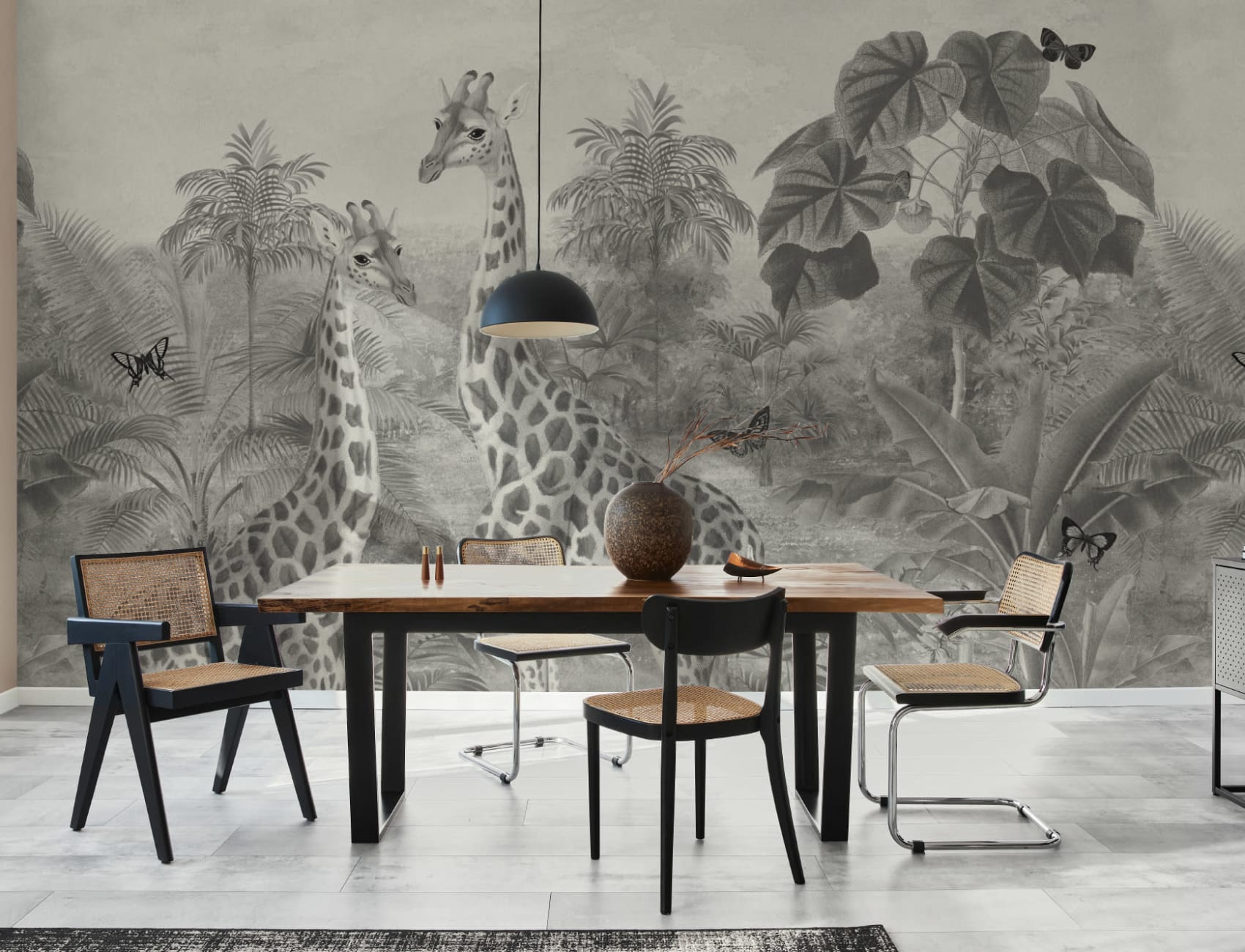 Grey Vintage Tropical Giraffe Illustration Mural